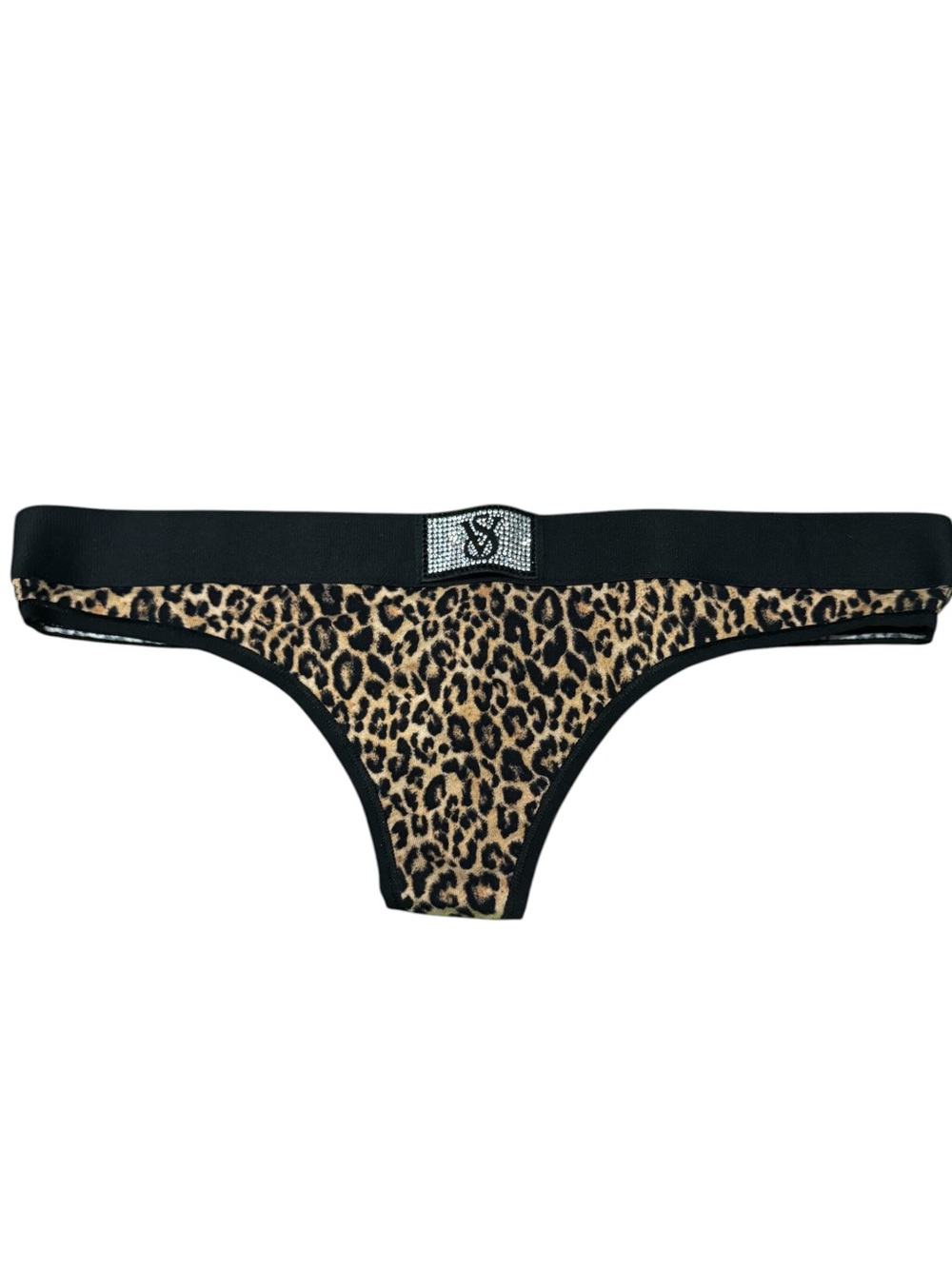 NWOT Victoria's Secret Black and Brown  Leopard Thong Sz Medium Rhinestone Logo